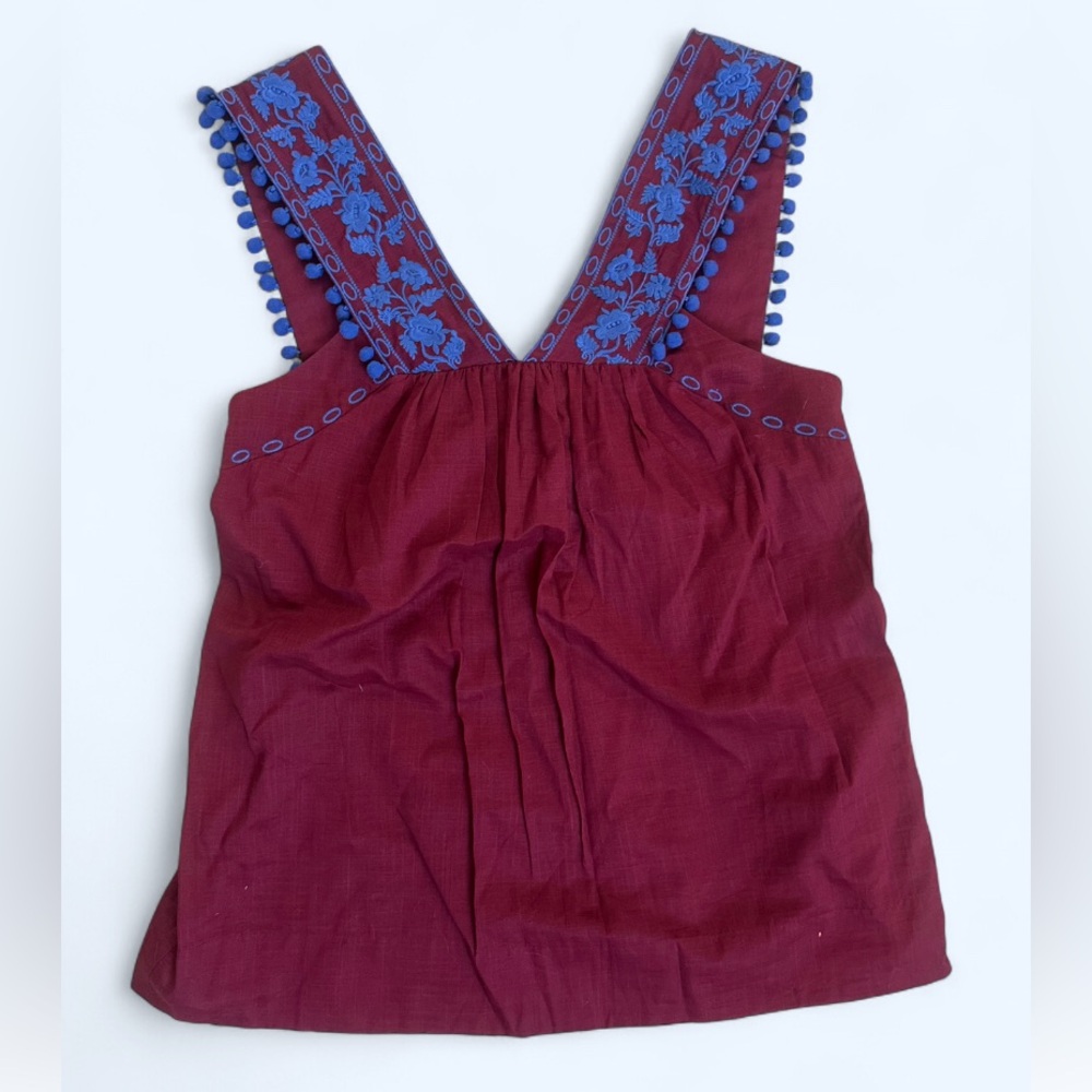 J. Crew Burgundy Top with Blue Embroidery - Picture 2 of 7